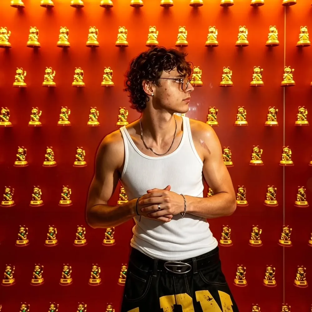 Samu vor roter Wand mit goldenen Figuren, Porto